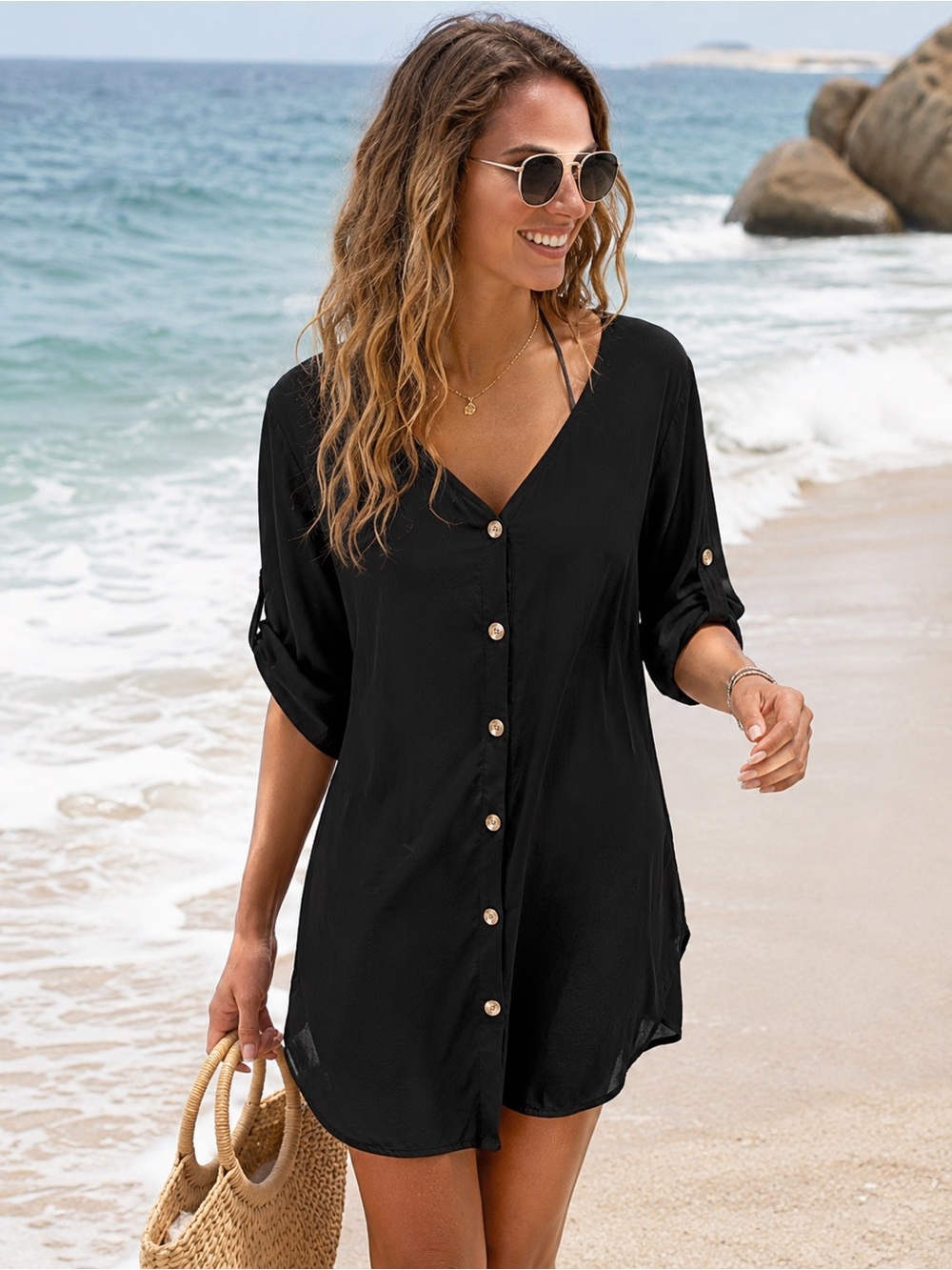 🖤🌴 Black Button Front Swimsuit Cover-Up Dress | Size XL 🌴🖤